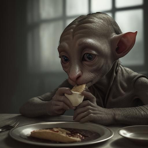 Hyperrealistic Image of Dobby Eating
