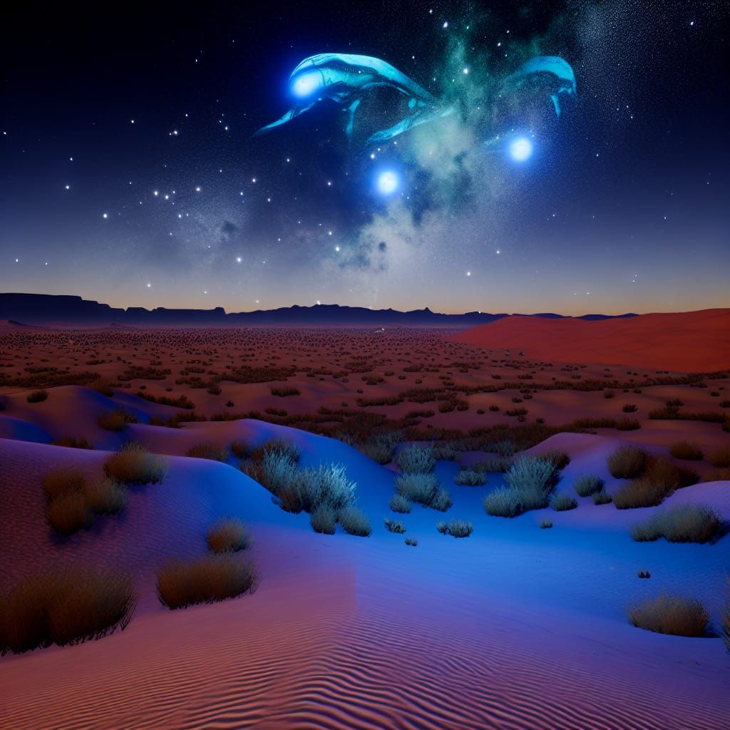 Create a photorealistic night sky in a arid landscape with s...