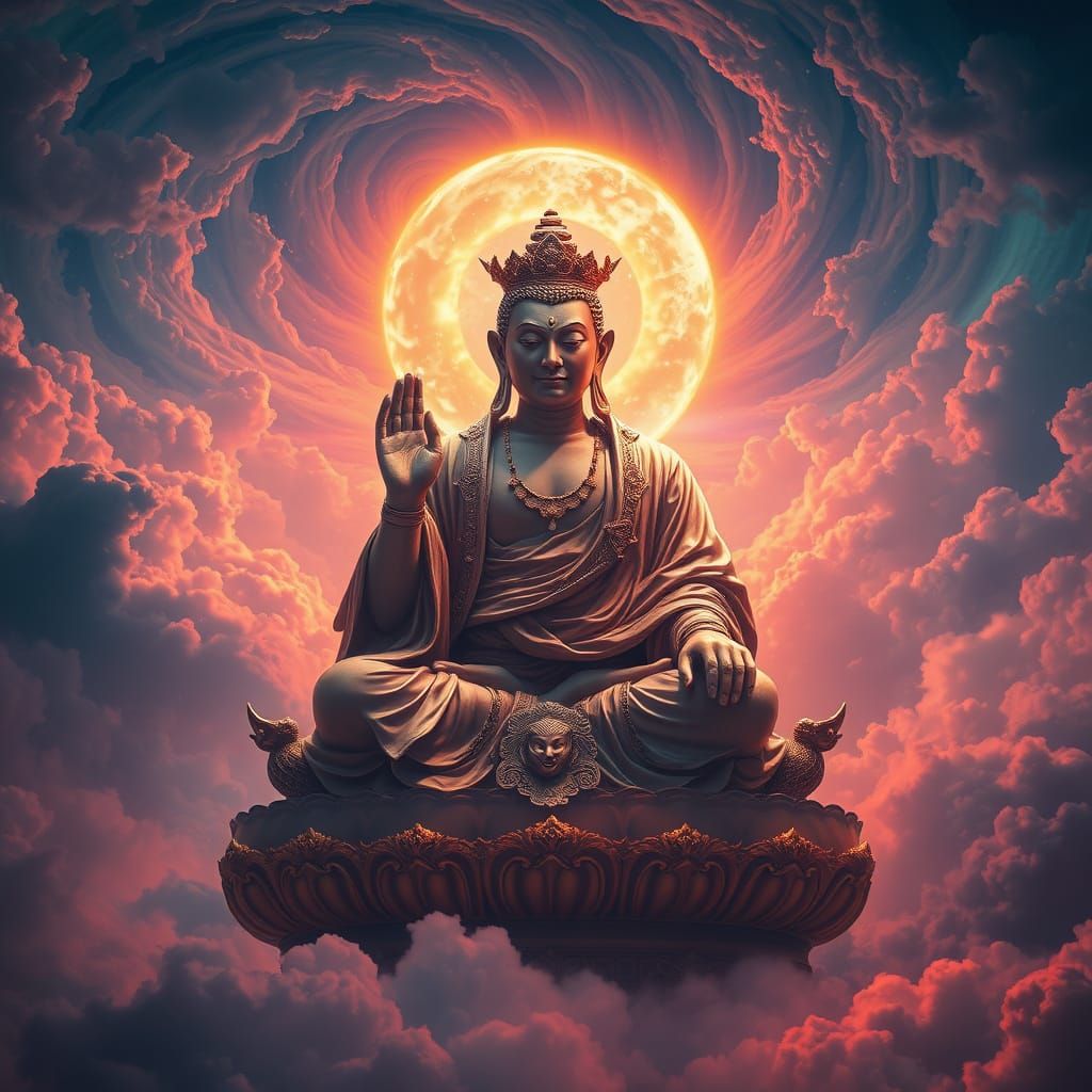 Buddha Amidst Swirling Clouds in Digital Matte Painting