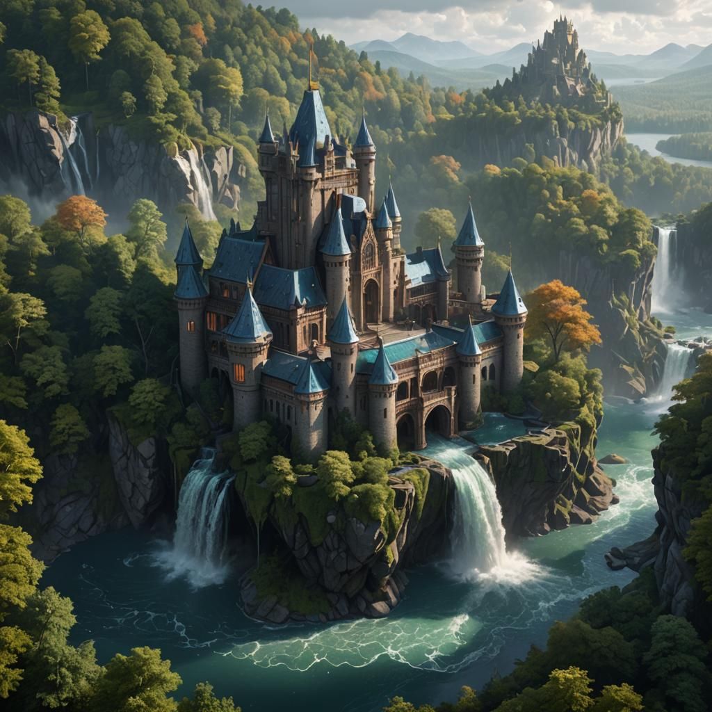 castle on top of a waterfall in the middle of a lake; glass ...