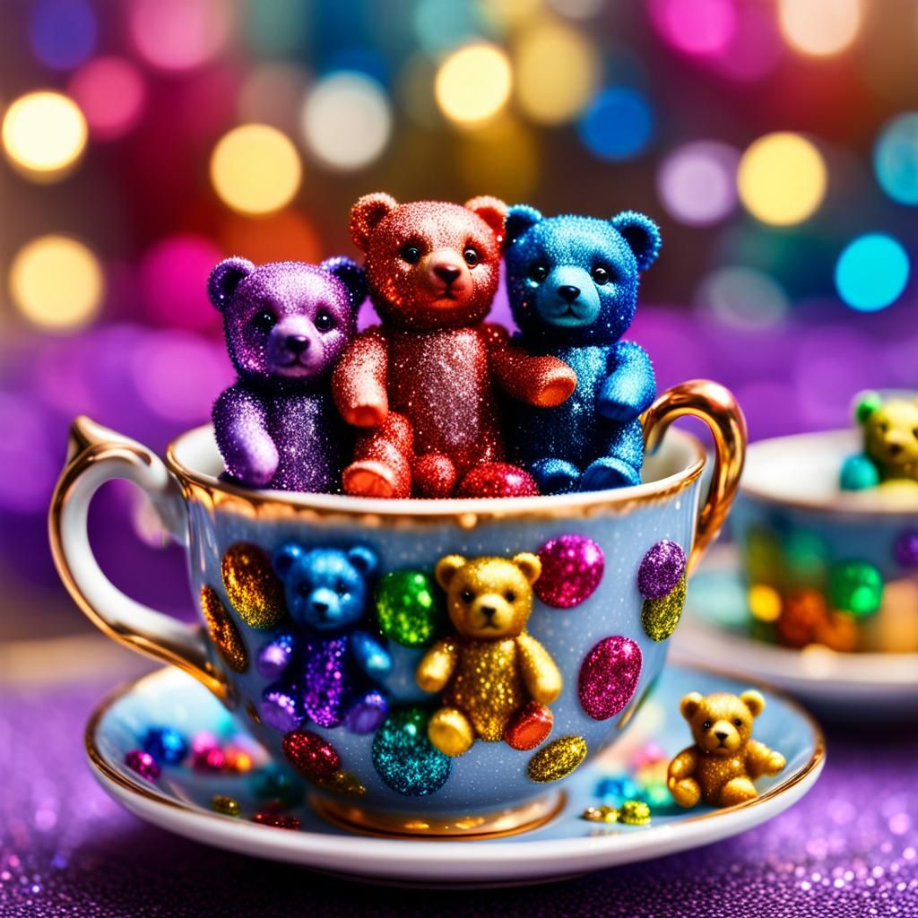 Rainbow Glitter miniature bears in a teacup