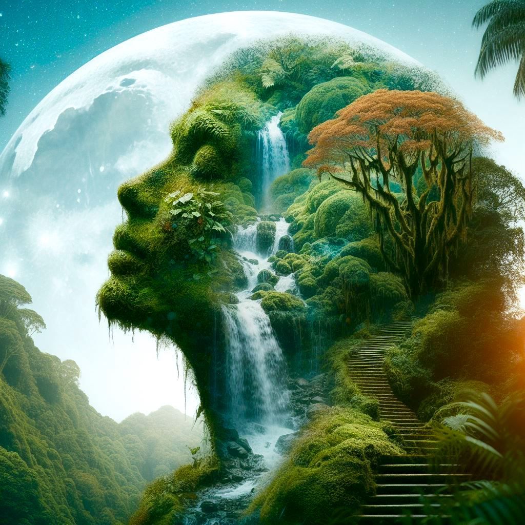 "double exposure : mother Gaia covered of moss water and lychens: mixed media impasto: Mother Nature : waterfall : stair...