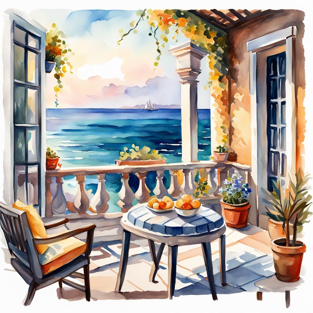 a cozy terrace overlooking the sea, Watercolour painting, de...