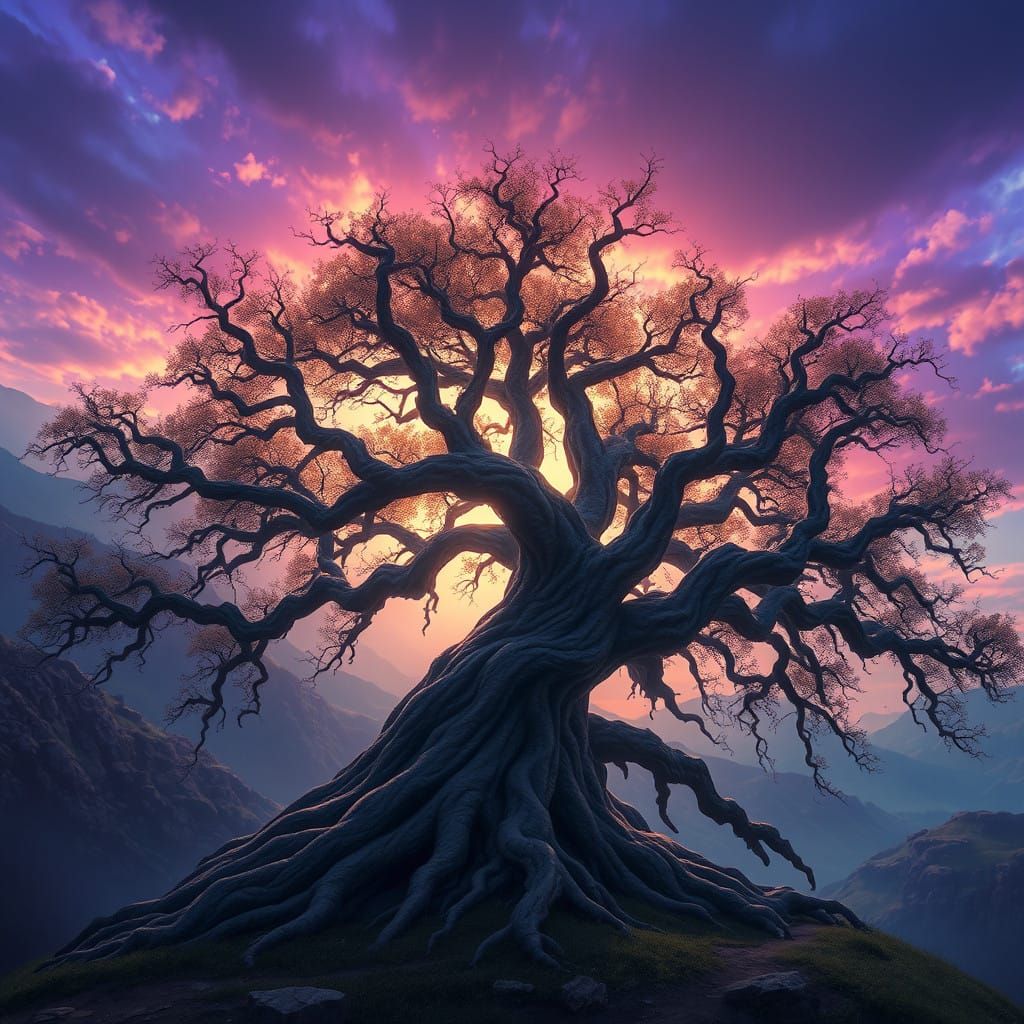 Ancient Tree Under Iridescent Skies in Vibrant Matte Paintin...
