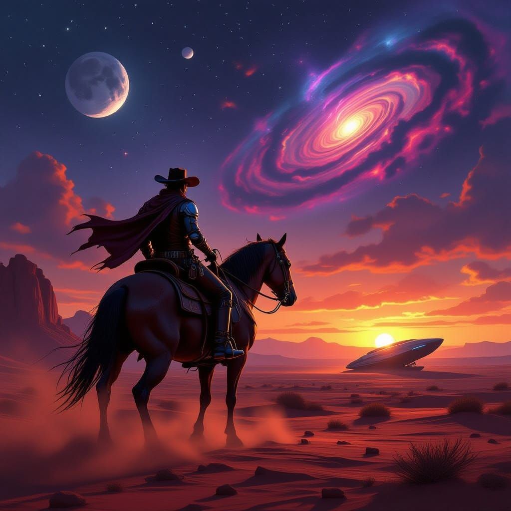 A lone, weathered space cowboy, adorned in classic Western attire with subtle cybernetic enhancements, rides a robust, alien steed across th...