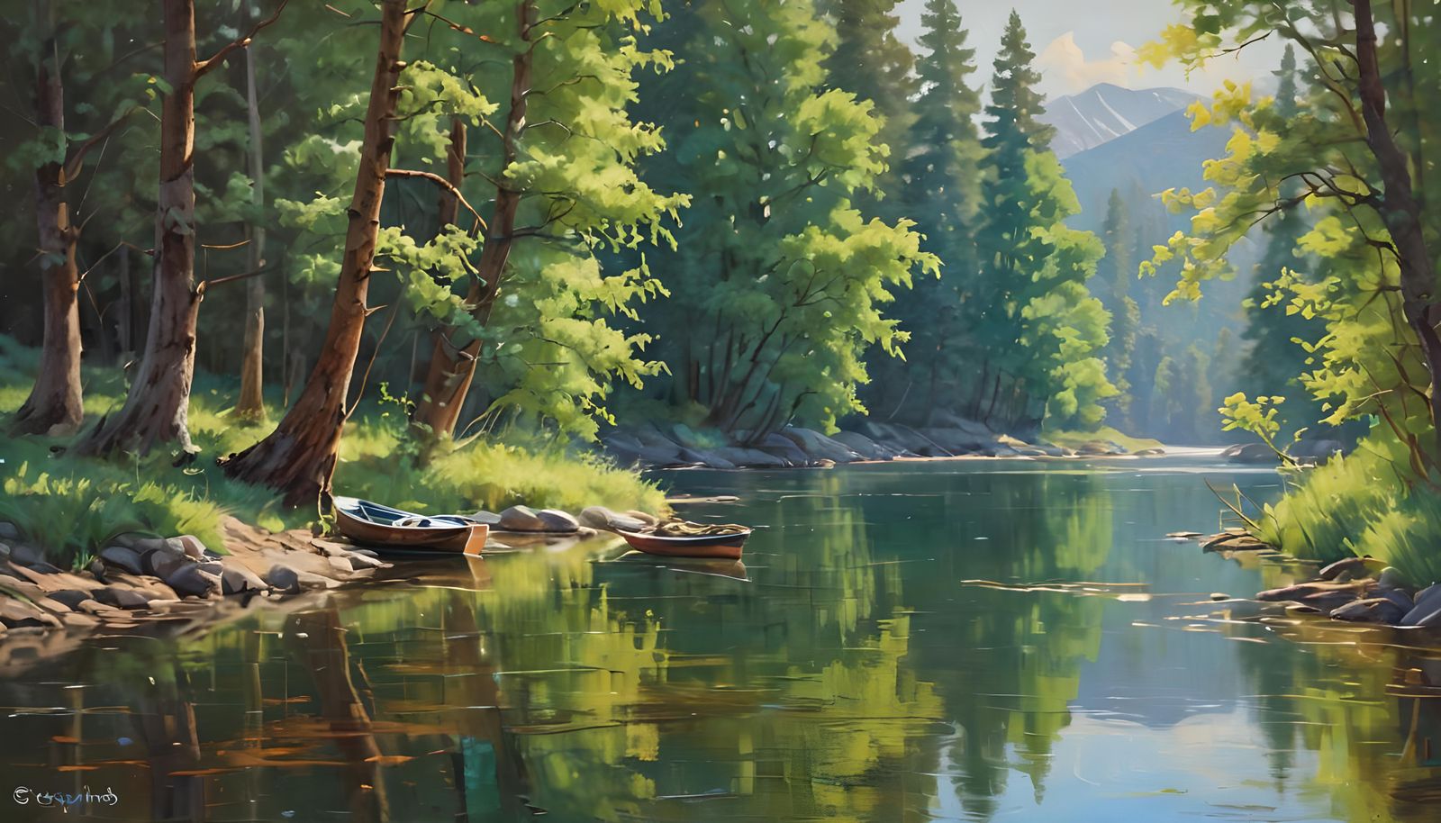 River Landscape Oil Painting with Tranquil Reflections