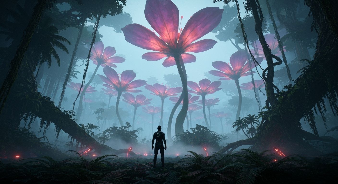 A vast alien jungle filled with colossal bioluminescent flowers towering above a lone human agent in ...  by @Man in Black 
