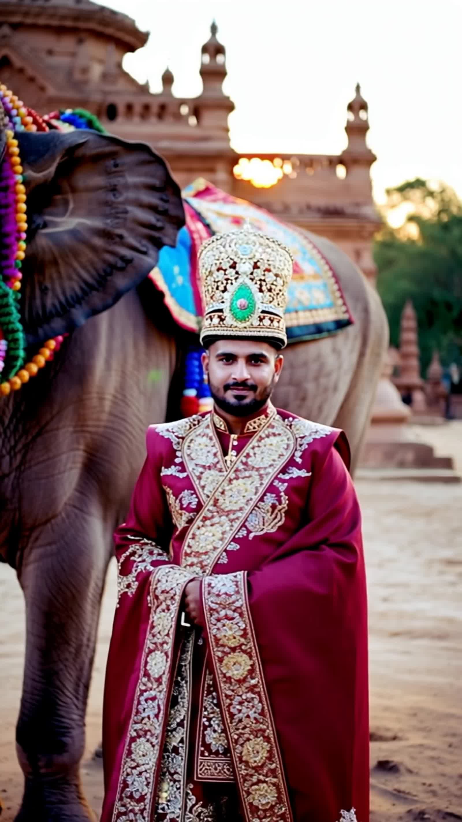 Epic cinematic portrait: a regal Indian man in crimson sherwani richly embroidered with gold zardozi, tall jeweled turba...