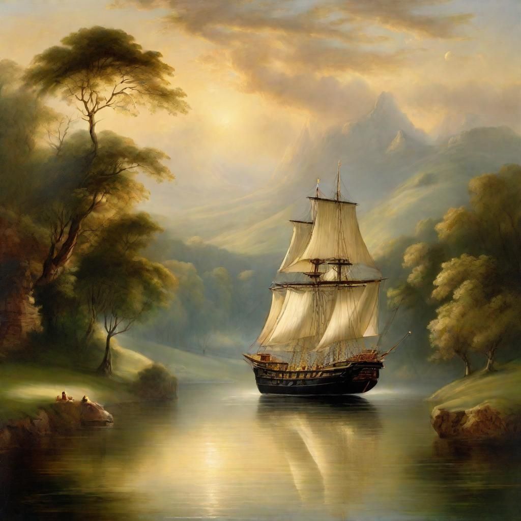 a serene, classical landscape reminiscent of an 18th-century...