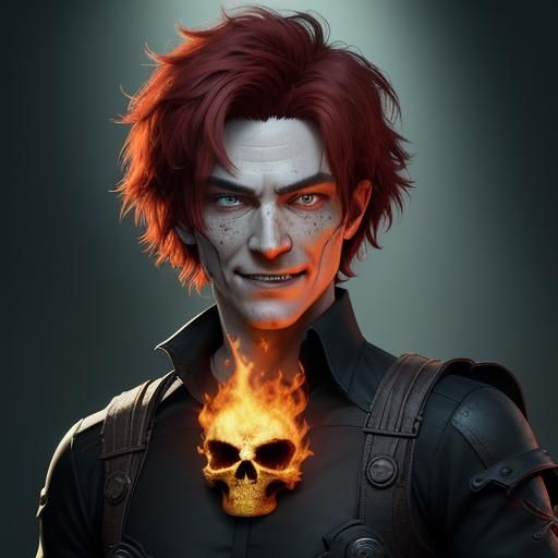 red hair man with flaming skull