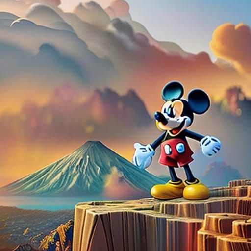 create a mickey mouse like character standing by a volcano, ...