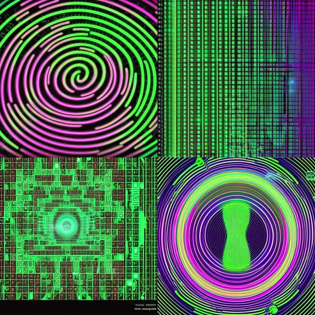 spiral pattern of matrix code in green, synthwave neon retro...