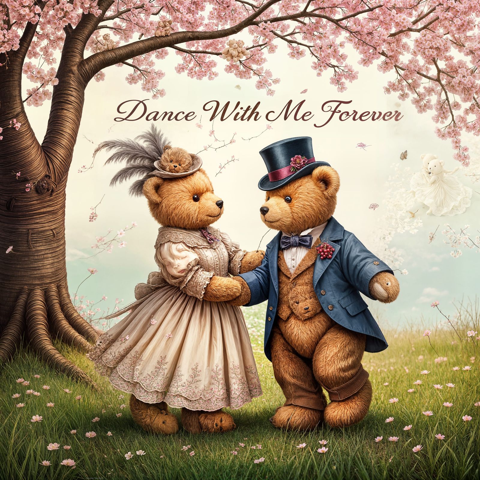 Two teddy bears dressed in Victorian outfits, sharing a dance under a cherry blossom tree, with 'Dance ...  by @Old Retired Guy