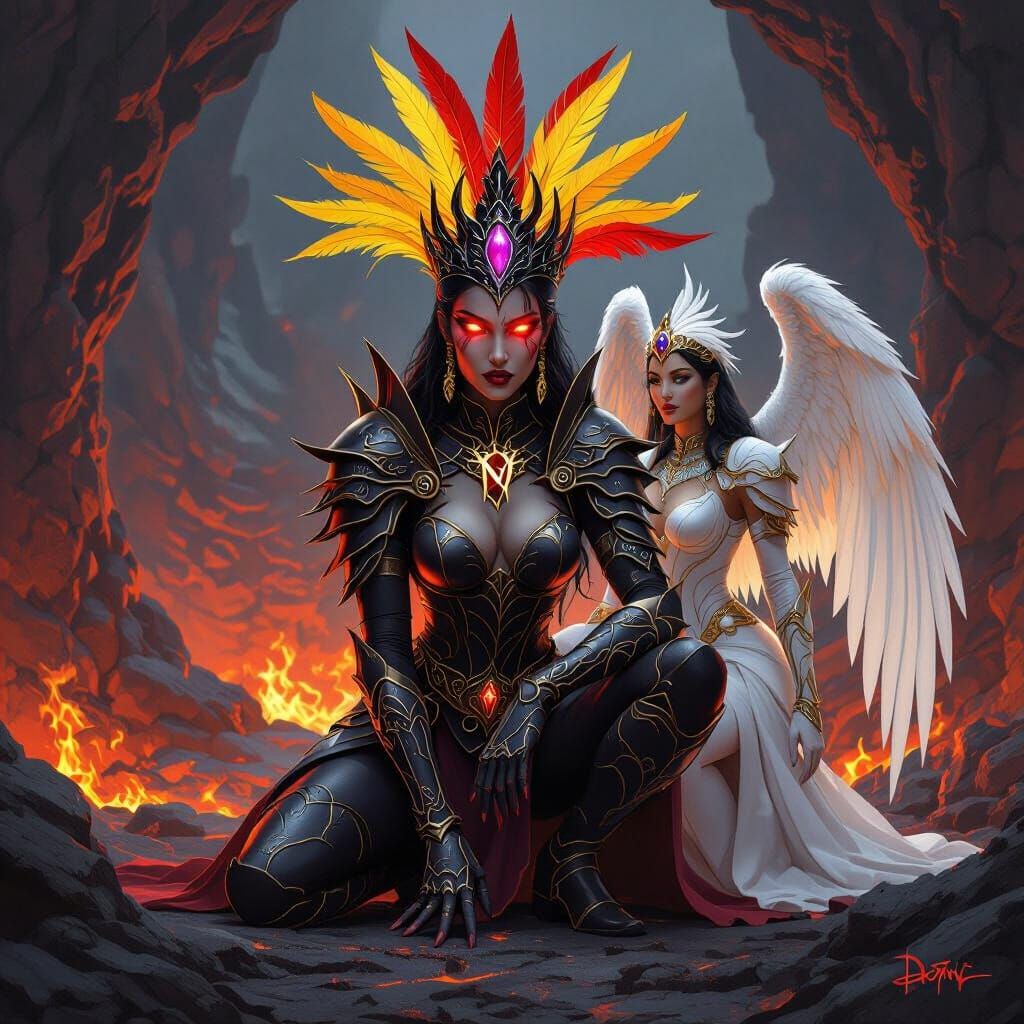 alternate version of Evil Lady Darkness in red armor,. She has red eyes, molten lava colored skin. yellow and red feathers for hair. She wears an obsidian crown with an amethyst gem. she has a yellow D on her chest. Lady Nerertariel the angel has an N on her chest