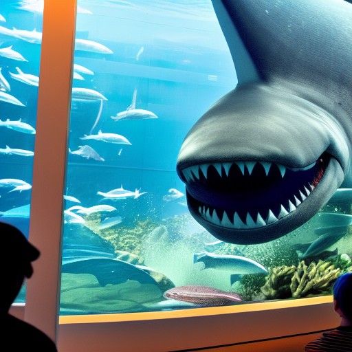 Megalodon at the aquarium, a crowd of people look at it from...