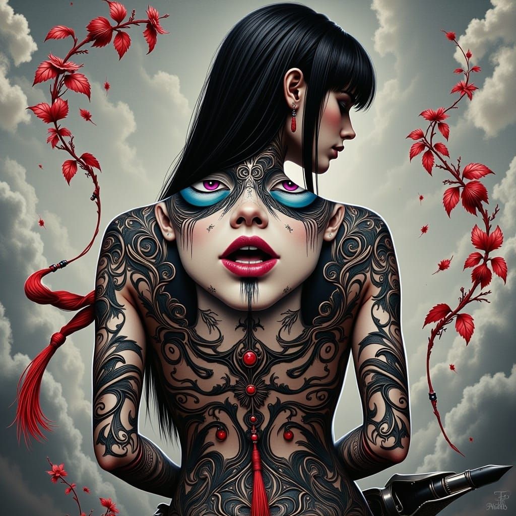 A stylized illustration depicting a gothic woman on her back, her back adorned with intricate tattoos that merge with the spine of an earlie...