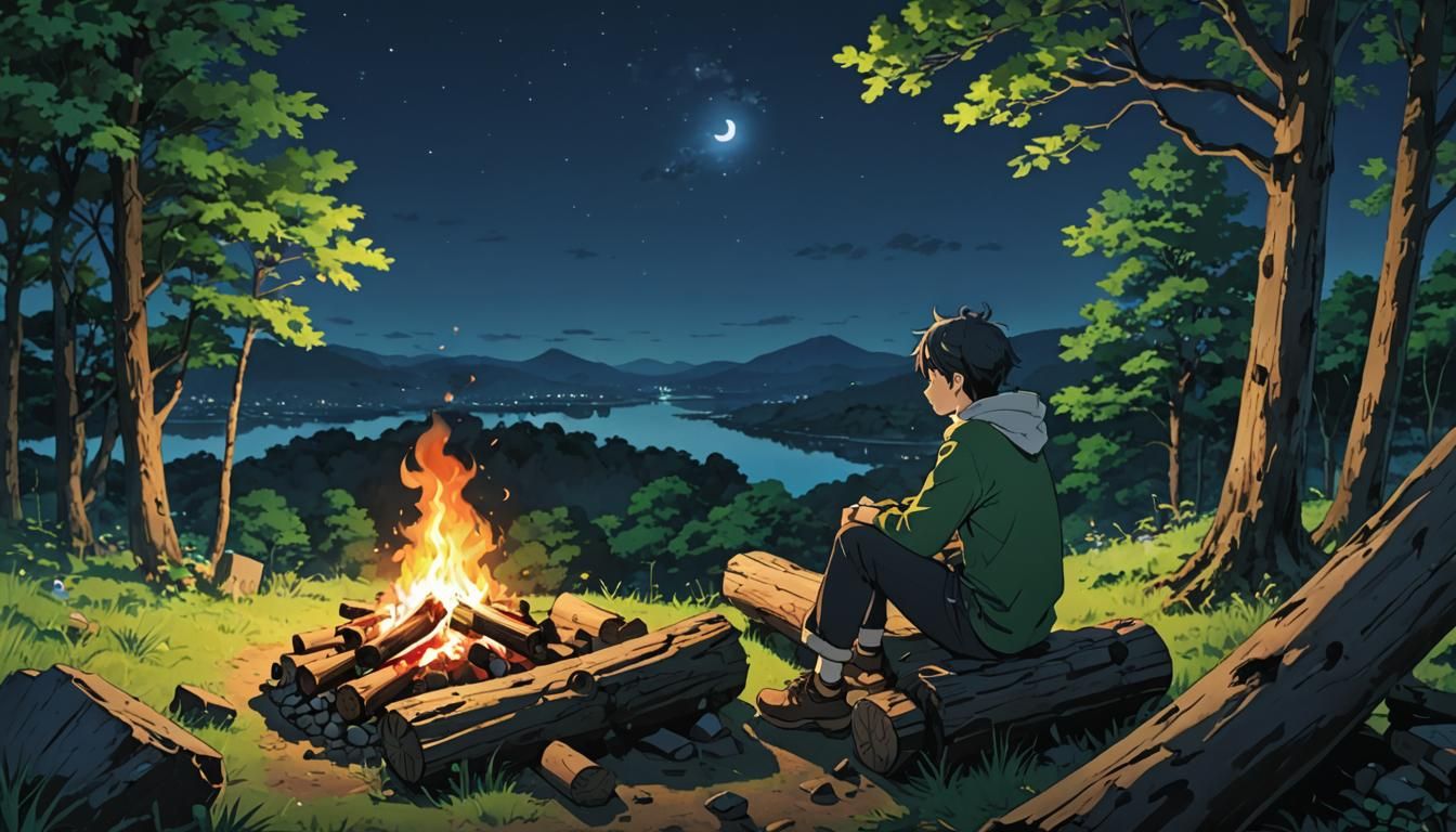 high angle, one man, sleepy and calm, midnight, sitting on l...
