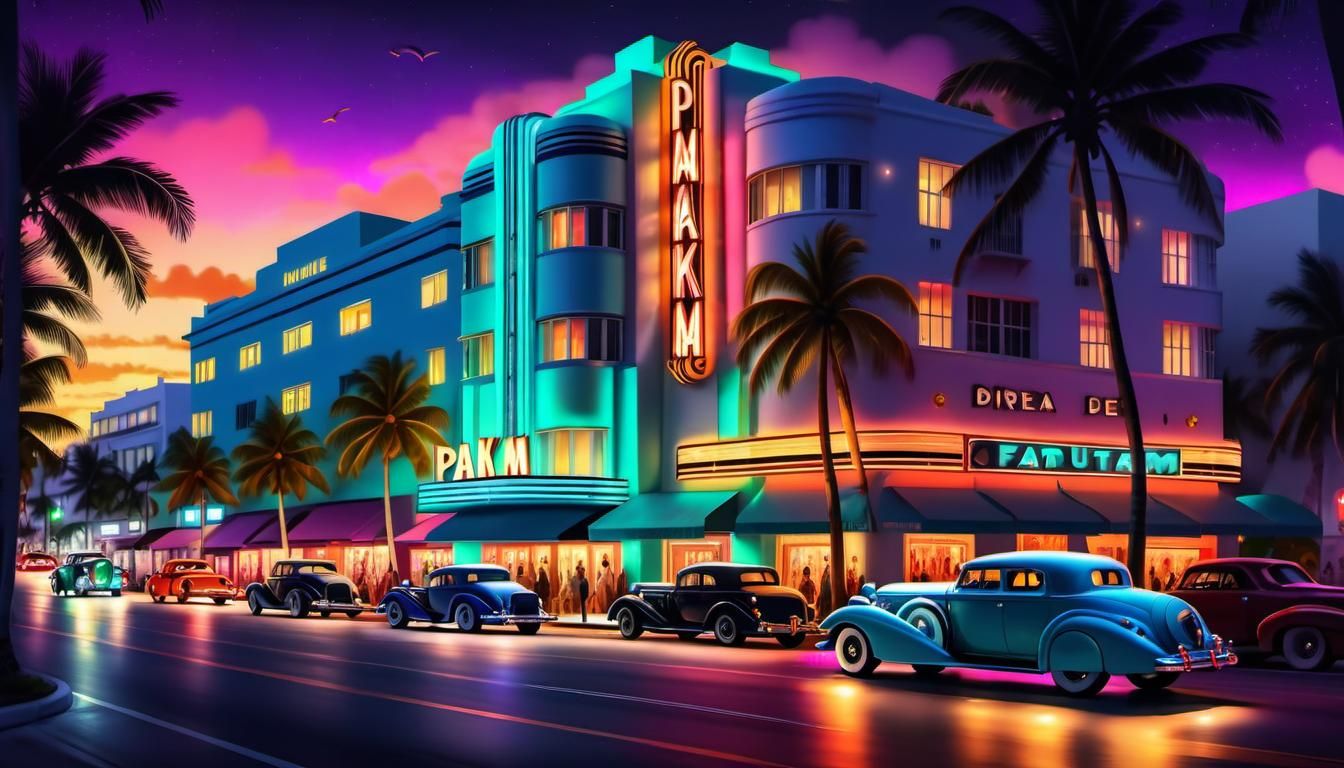 Ocean drive Miami Beach at night showing off their art deco ...