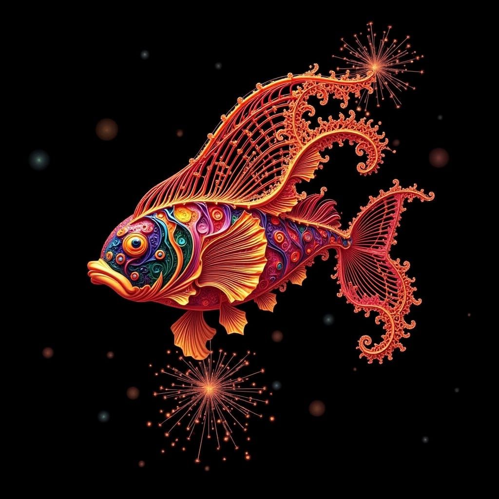 <lora:fract:1.0> zodiac fish made of fireworks on black background