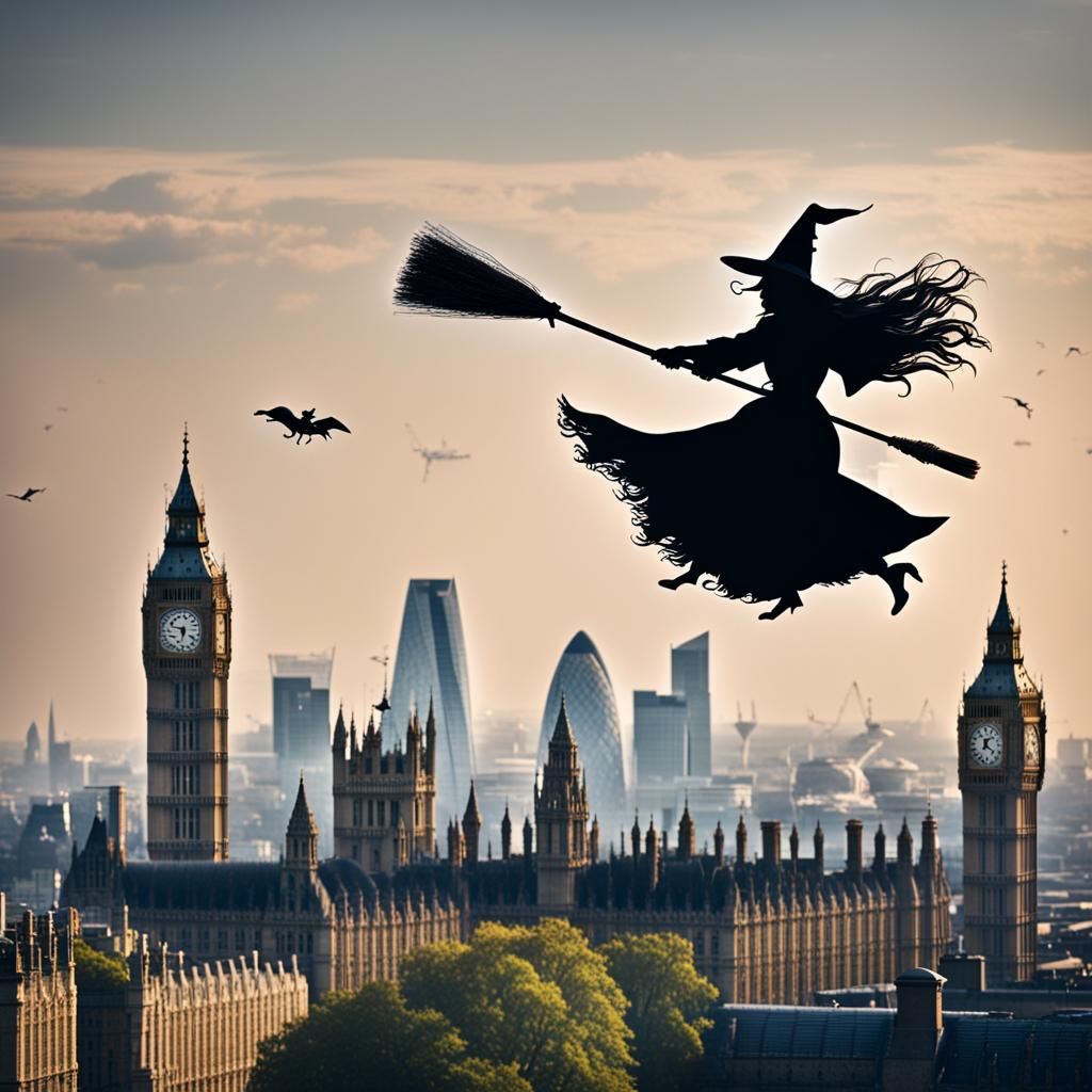 Witches flying on brooms above London