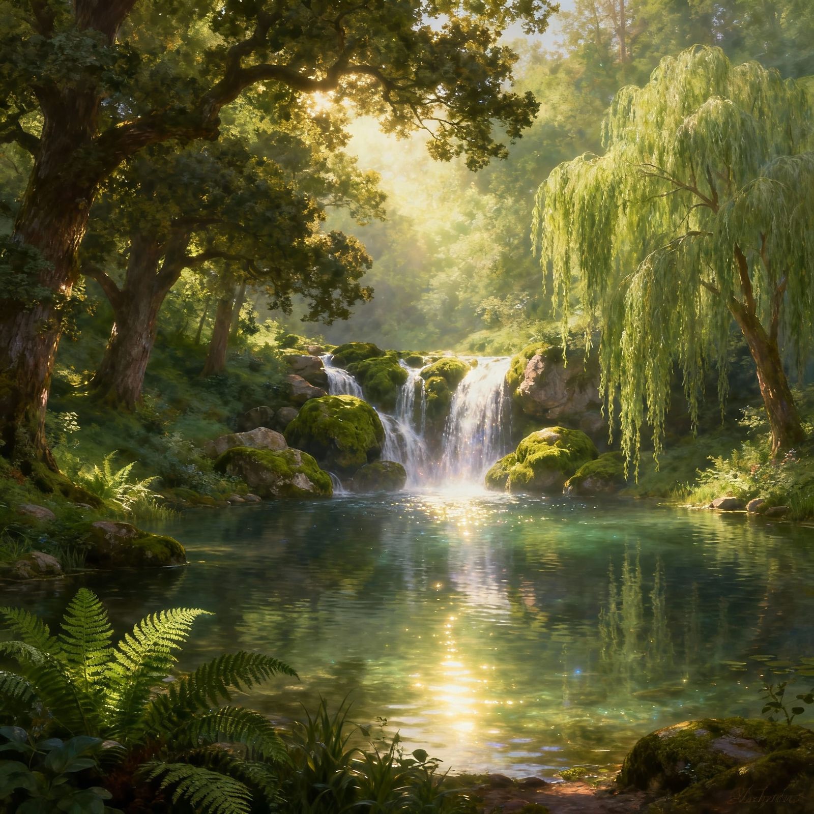 A tranquil pool fed by waterfalls cascading across rocks on the far edge. The area is a lush green forest ...  by @General Korg