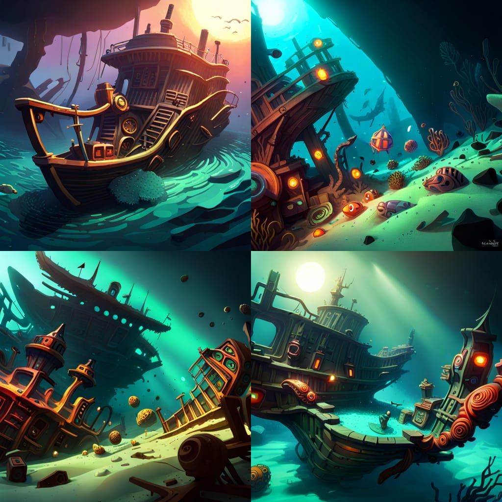 Shipwreck cool colors underwater intricately detailed Greg Rutkowski ...