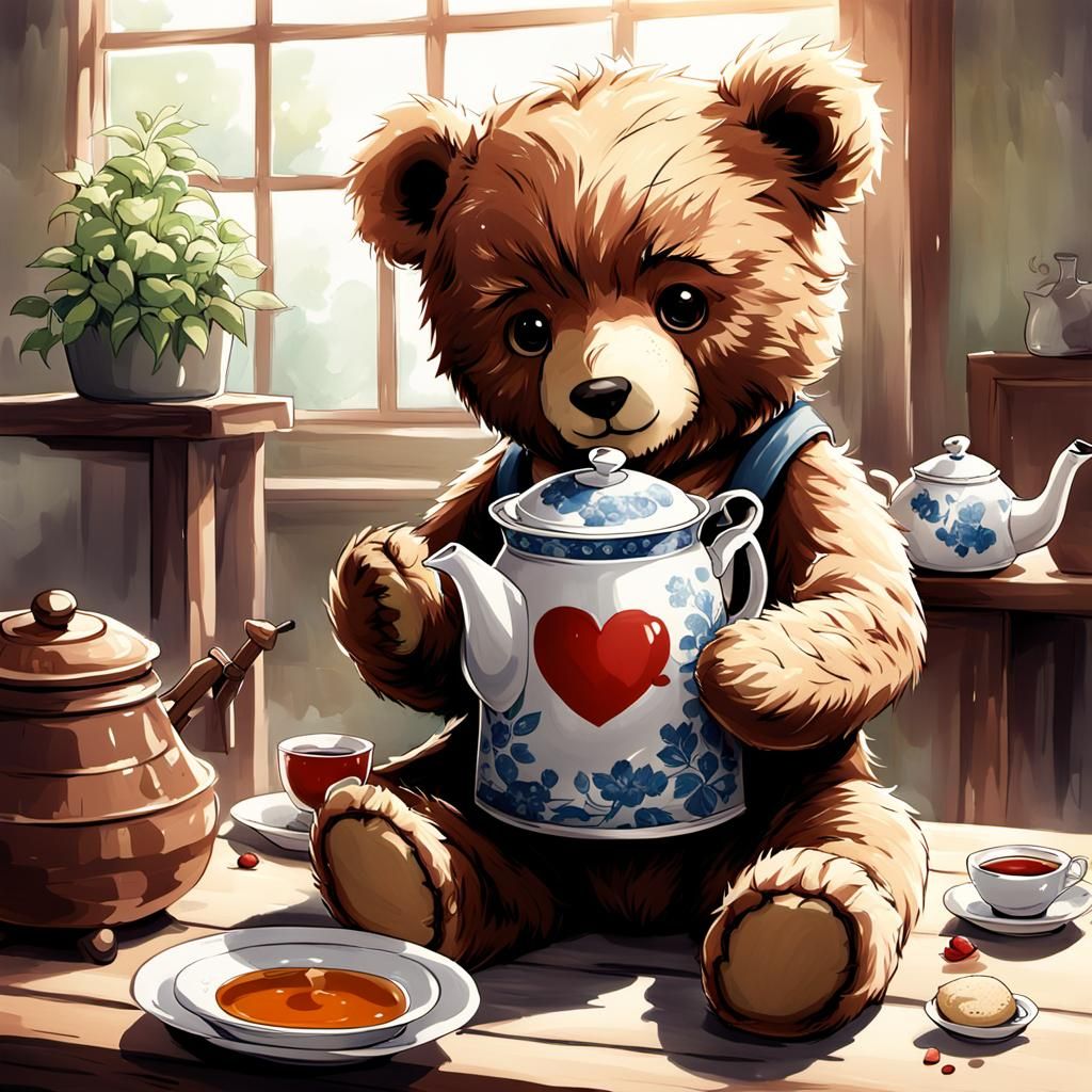 A teddy bear making tea