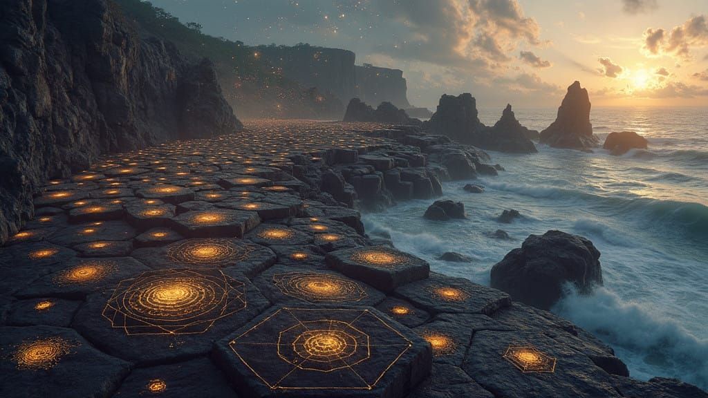 surreal rendition of the Giant'yy, its iconic hexagonal basalt columns rising dramatically from the earth, glowing faintly with a go...