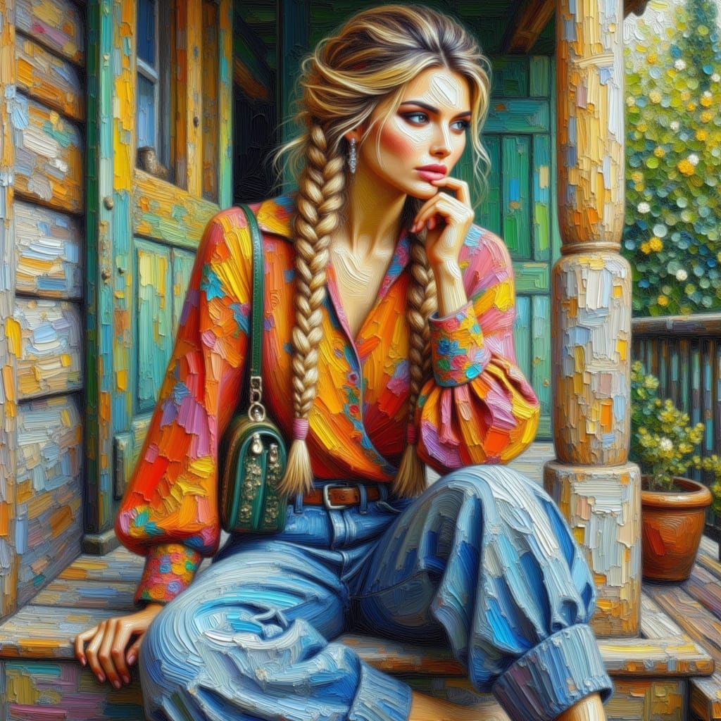 <lora:Craquelure Paint:1.0> a stunning woman with blond hair, braids, wearing loose-fitting trousers and a vibrantly coloured blouse, sittin...