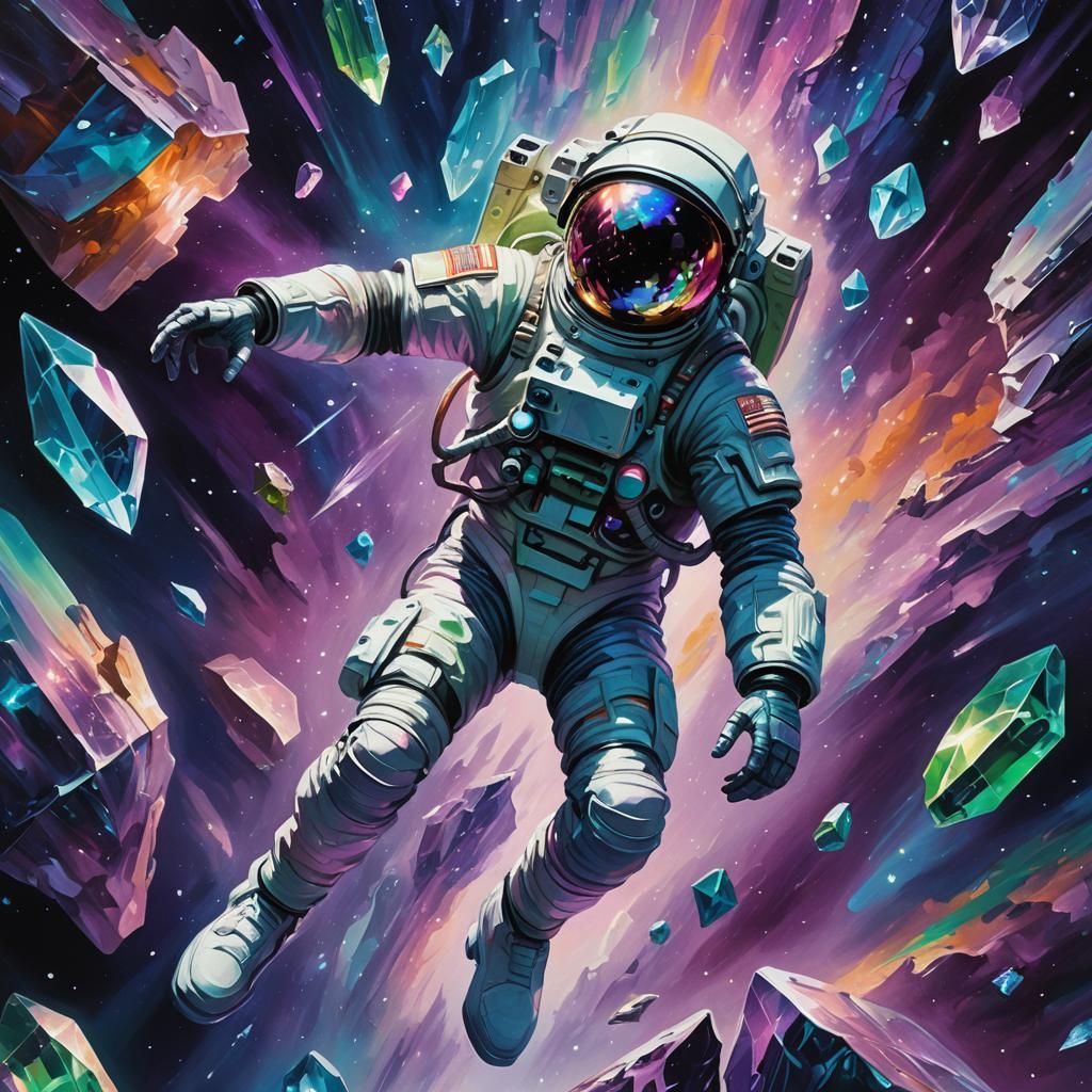 Astronaut and Crystal in Surreal Oil Painting