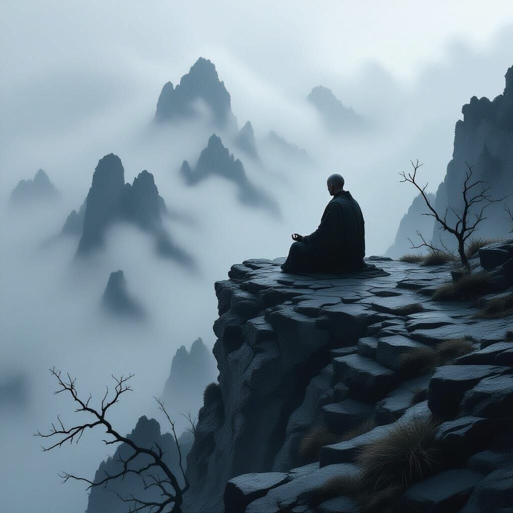 A lone monk meditating atop a desolate, crumbling mountain peak, shrouded in mist. The landscape is a stark representation of decay and isol...