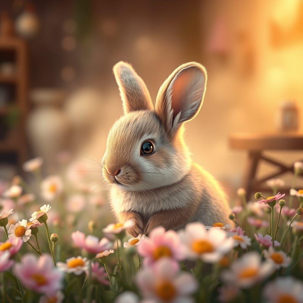 Pastel Bunny in Dreamy Flower Field: 3D Art  by @Sakura Dreams 