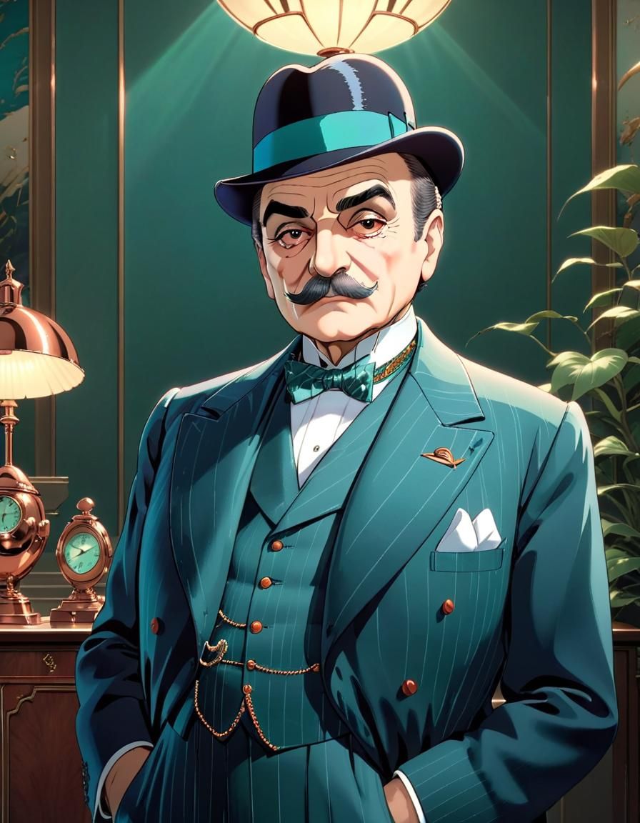 David Suchet as Monsieur Poirot, copper and teal, Studio Ghibli  by @Teringette