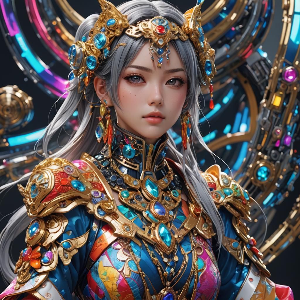 복잡하고 디테일한 다채로운 옷과 미래 지향적인 보석을 입은 아름다운 애니메이션 여성의 초현실적인 초상화.