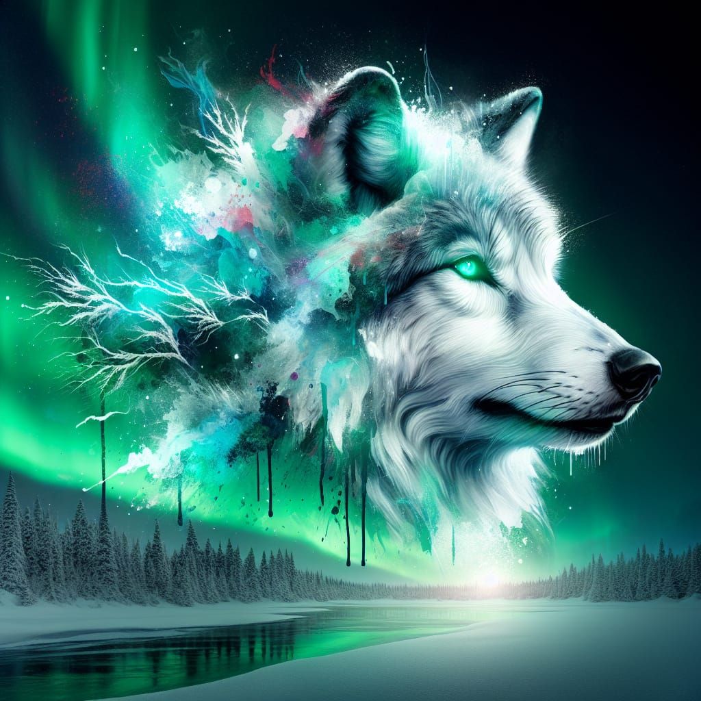 Double exposure. Spirit wolf. Snow white. Aurora borealis in the sky overnight. Glowing  by @Aelha