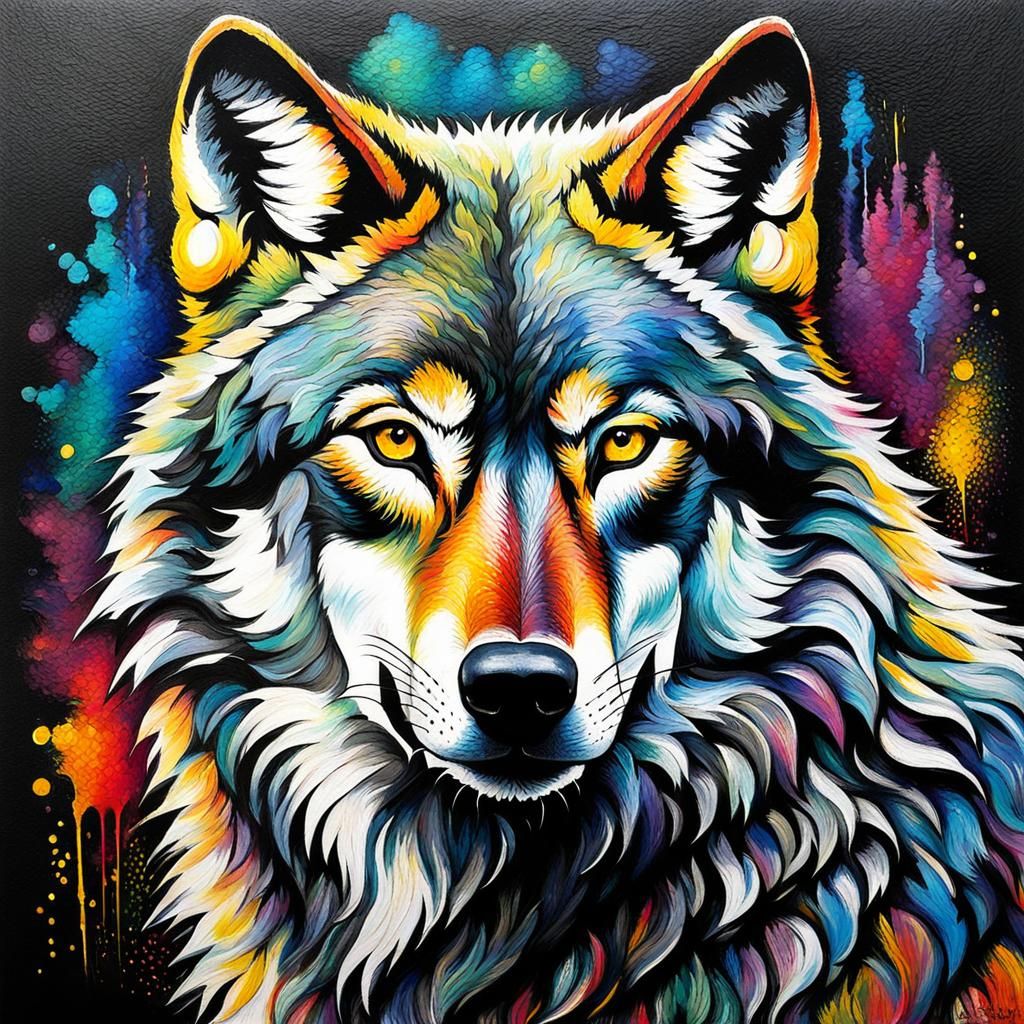 Wolf, center, colorful, India style, Neo Impressionist neo ...