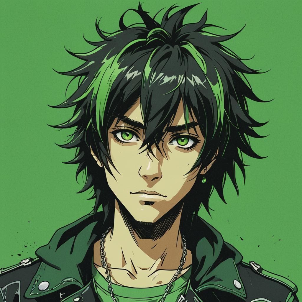 2000s rocker shaggy hair emo black and green