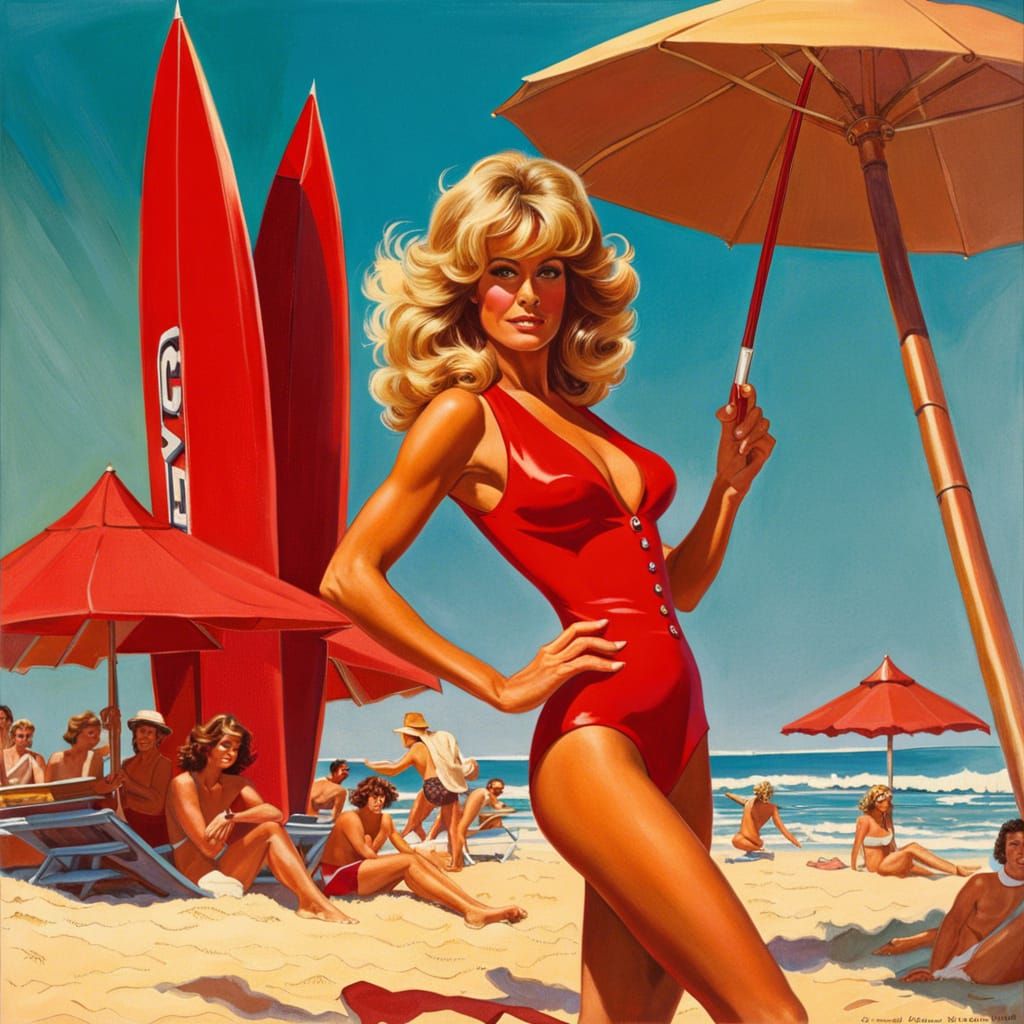 Farrah Fawcett in her famous red swimsuit AI Generated Artwork