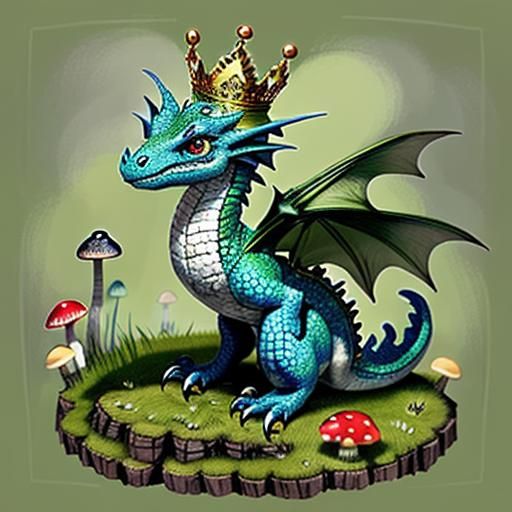 a tiny dragon, adorned with a crown, perched atop a large, v...