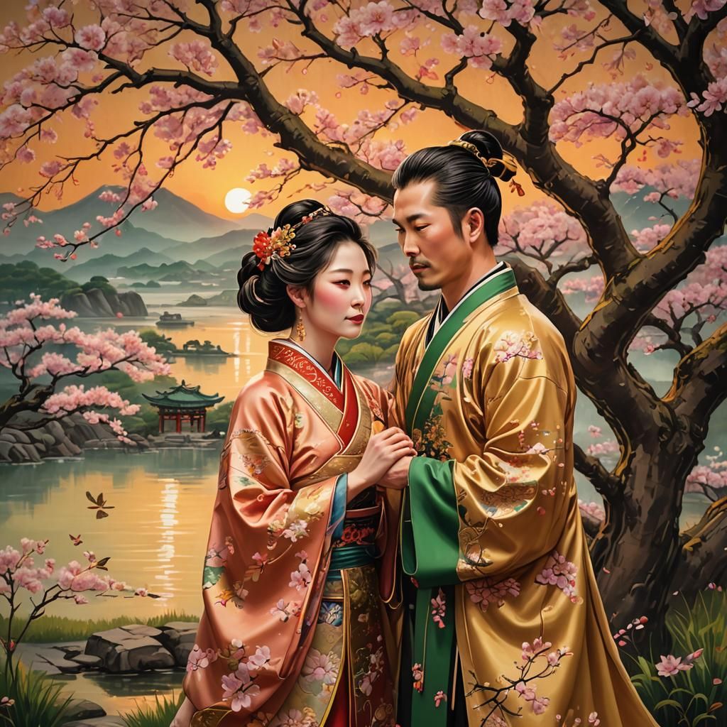 Lovers Cuddle Under Cherry Tree: Oil Painting