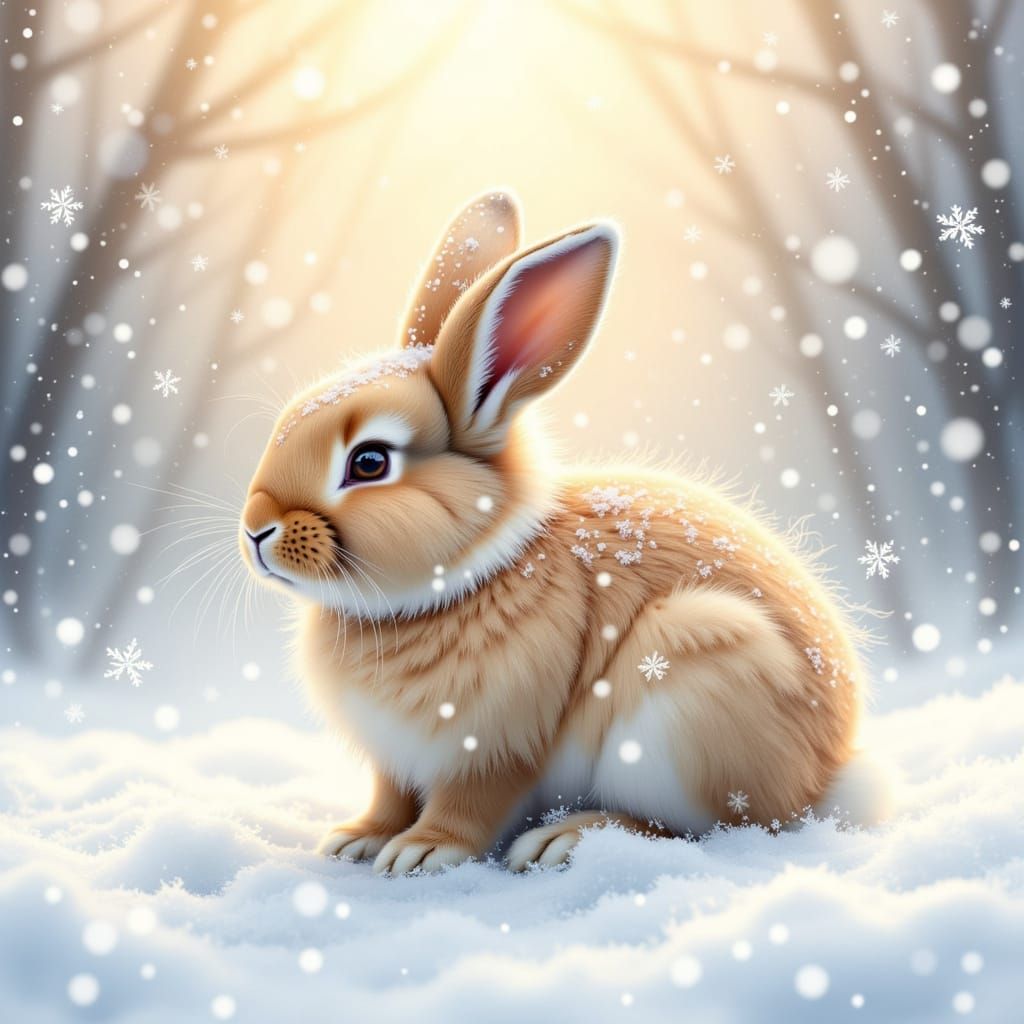 <lora:Cute Rabbits:1.0> ethereal watercolor. Medium shot. A cute baby rabbit with long fur cuddles in the snow. Many snow sprays fly in the...