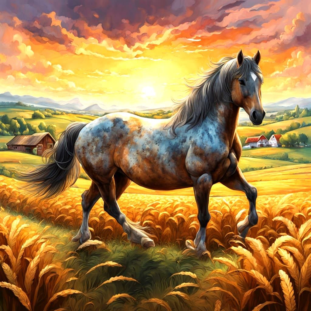 Frisian horse . A large panoramic view with fields, golden from ripe ears, , showing a farm in the distance and hills painted in a cheerful ...