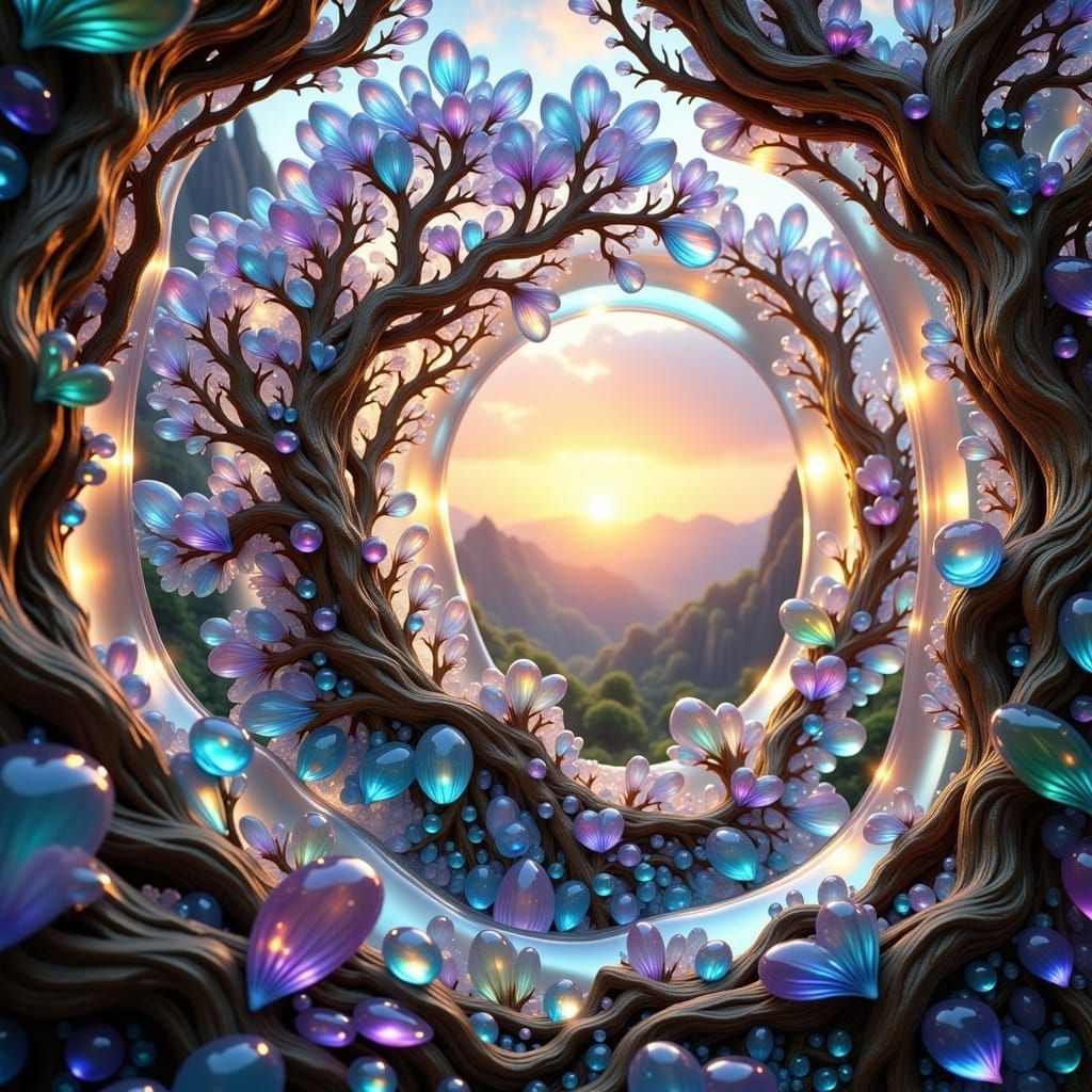 Hyperrealistic Scenery inside a Hyperdetailed Maximalist Magical Fantasy Clear Natural Quartz Crystal at Sunset, Volumetric Lighting <lora:I...