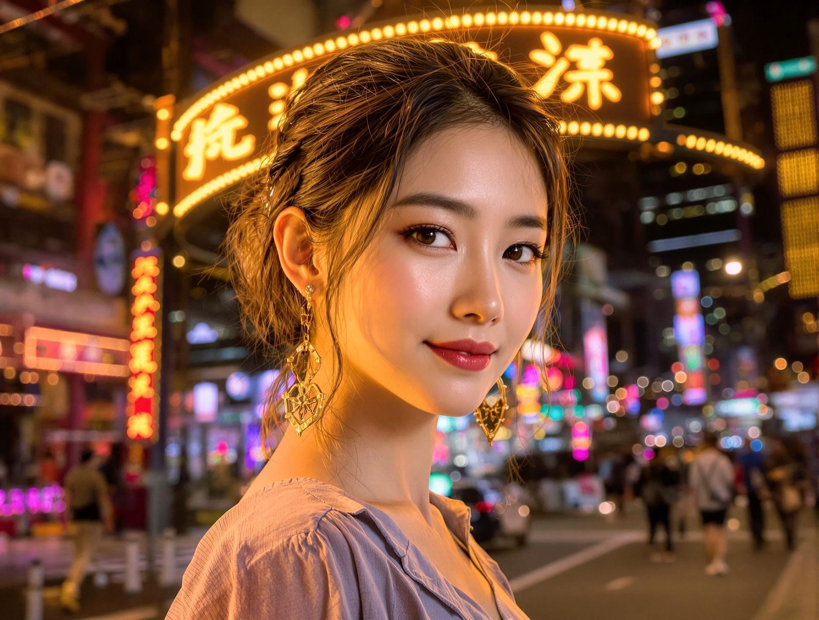 Beautiful Chinese Woman in Vivid Cityscape Portrait