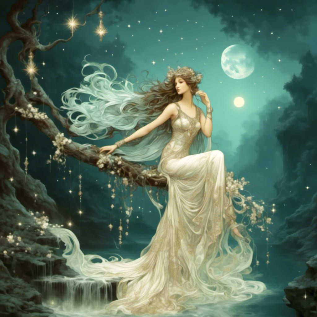 Moongazing Woman in Art Nouveau Style