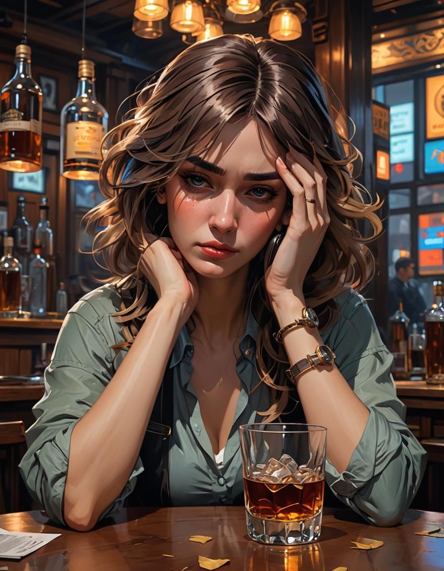 Depressed woman thinking things over in a bar - AI Generated Artwork ...