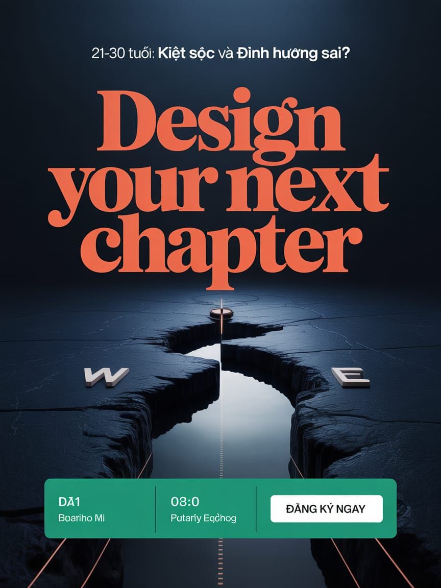 A dynamic and eye-catching promotional poster design for a workshop titled "DESIGN YOUR NEXT CHAPTER."

**Style:** High-contrast, Modern, Mi...