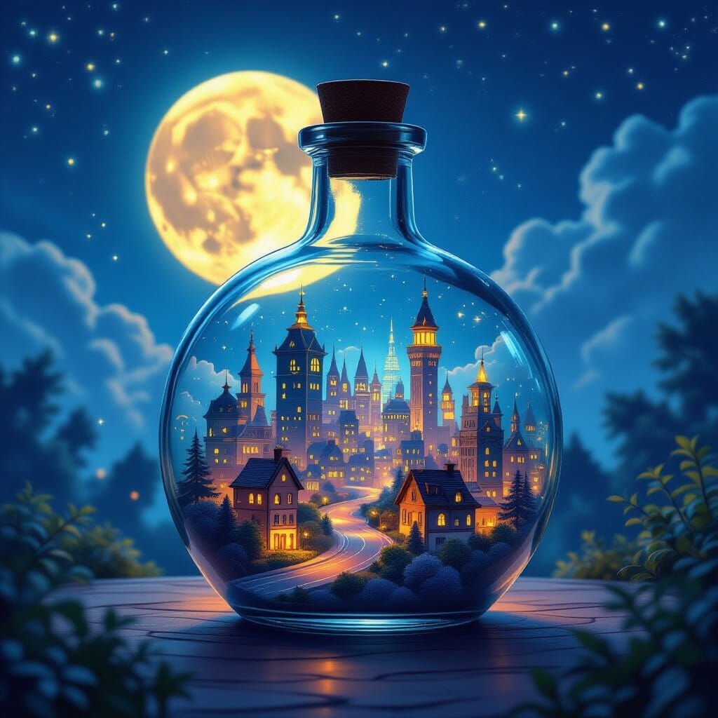 Enchanting Miniature City Inside a Bottle Under a Giant Moon