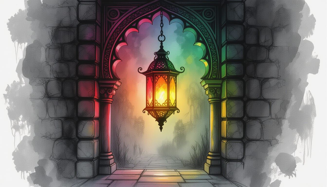A surreal lantern built into an ornate archway, glowing with vibrant colors, while the rest of the scene ...  by @KaideusAkara