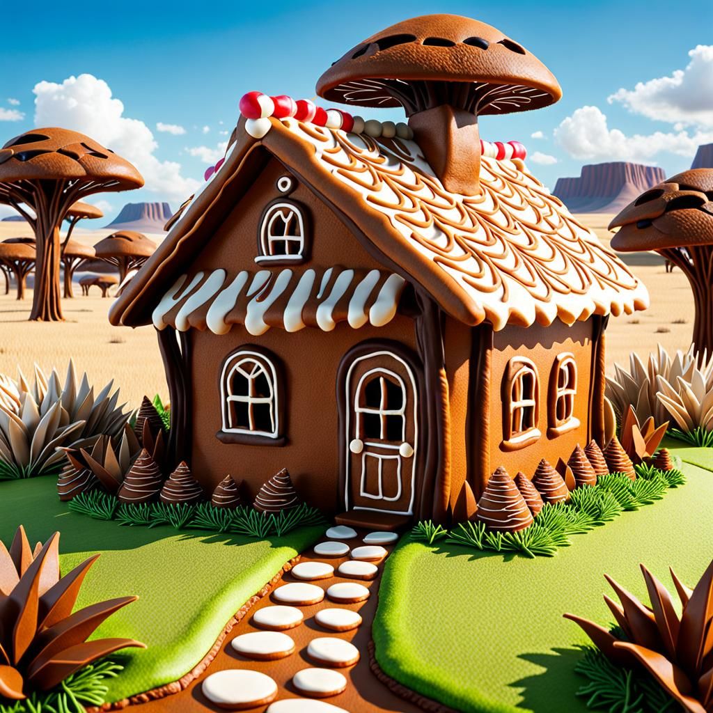 A fantastically detailed gingerbread house in a safari grass...